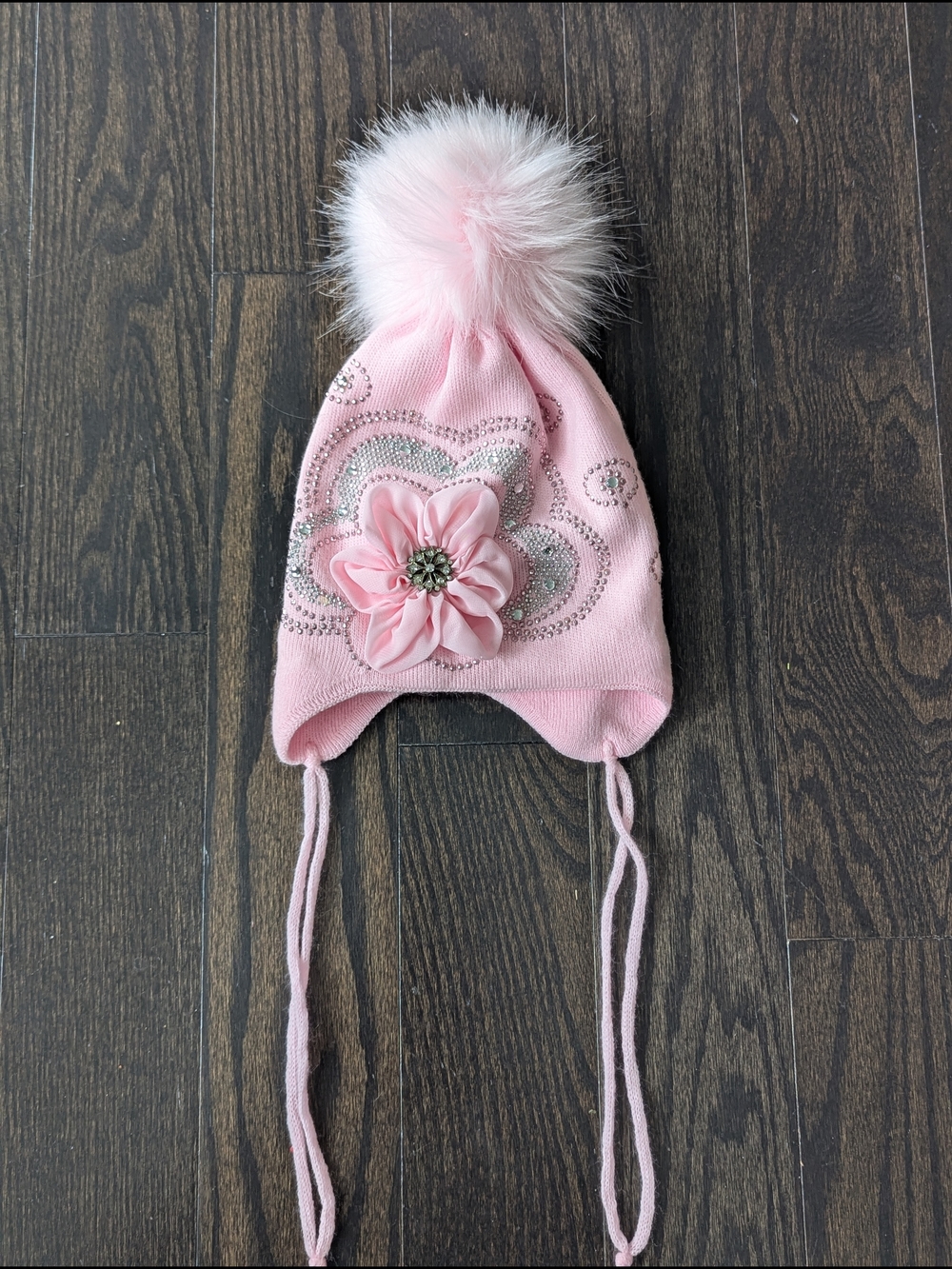 2/$25 Baby Girl Knit Hat Pink Wool Blend Pom Pom Flower Ear Flap Beanie